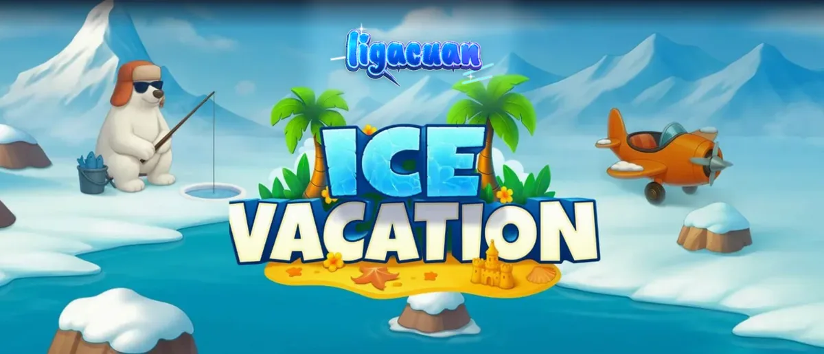 Pemandangan bertema musim dingin dan tropis dalam slot Ice Vacation
